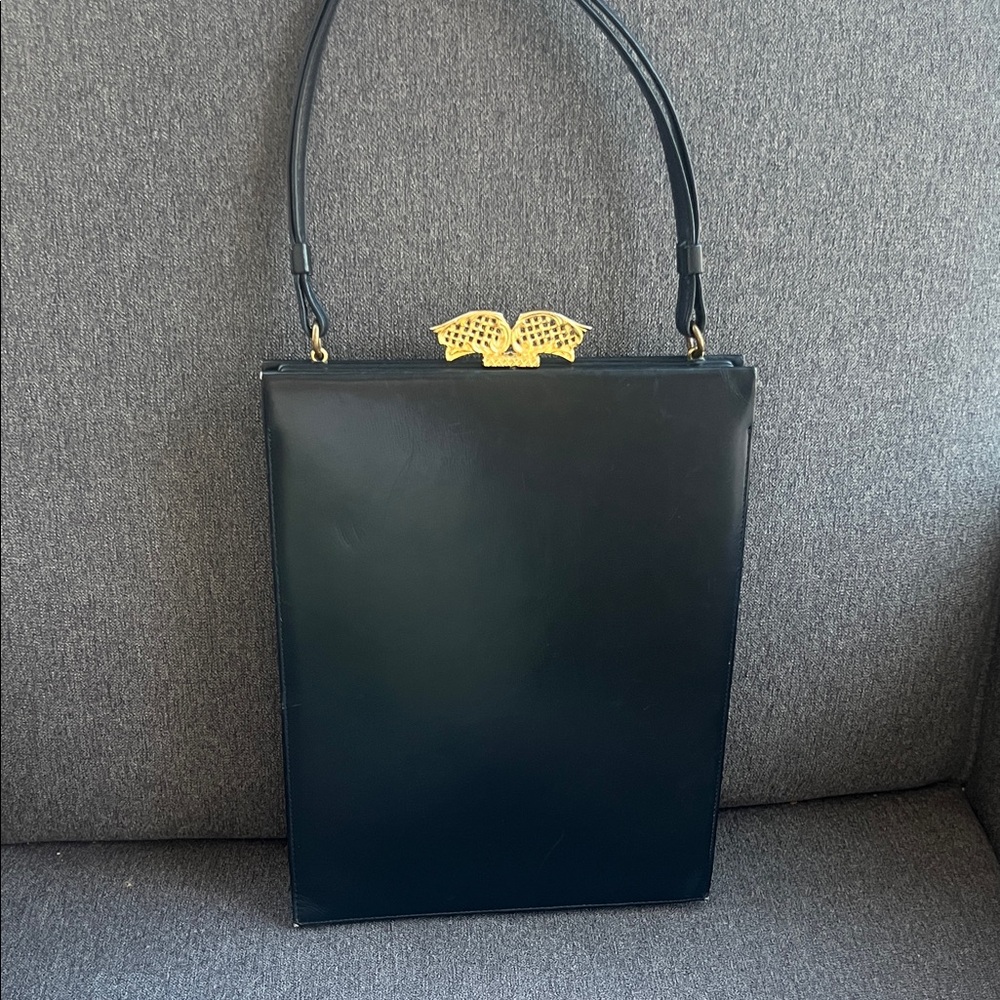 Vintage Bienen Davis Black Structured Bag with Gold Decorative Clasp